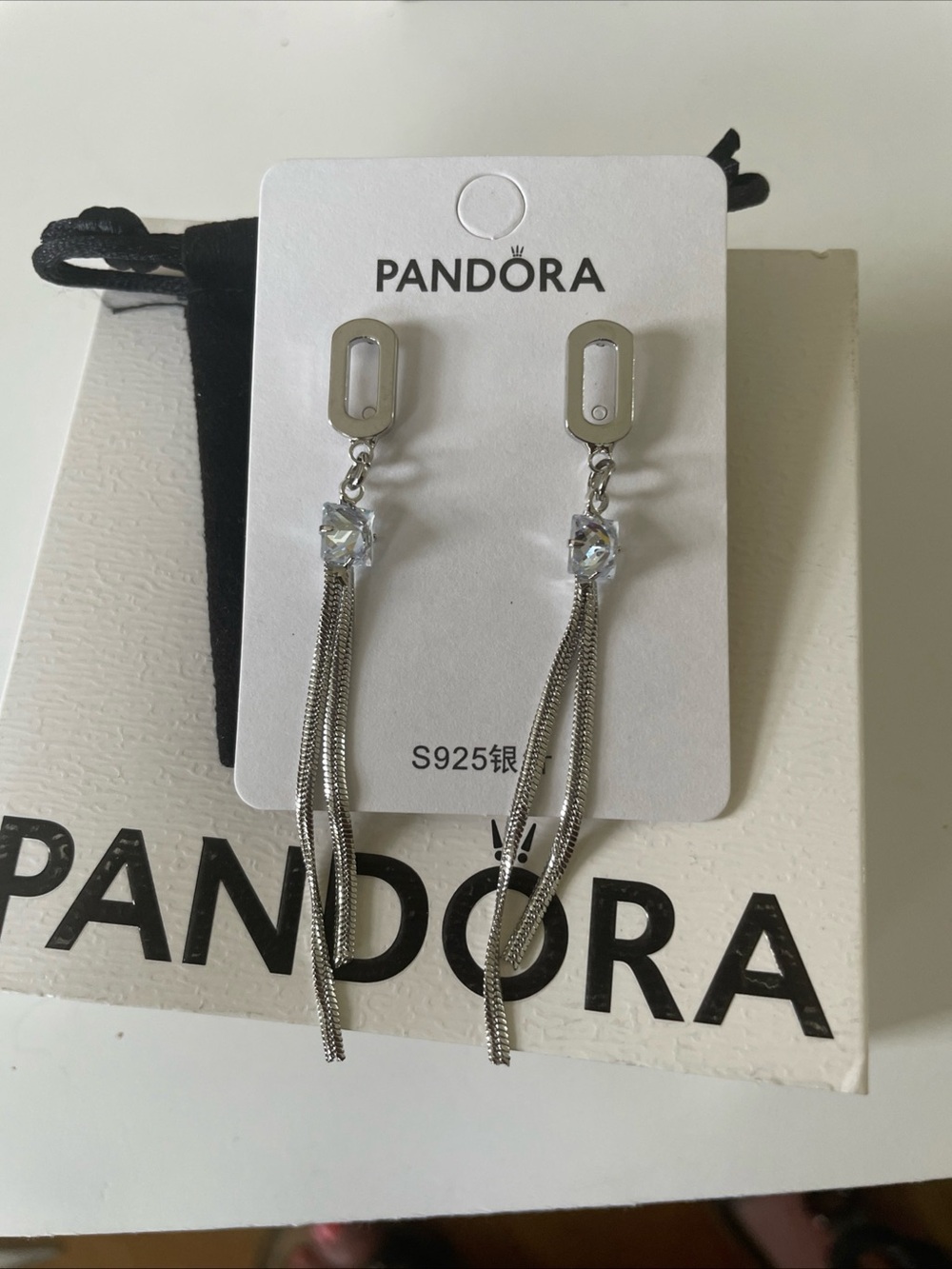 Pandora Silver Dangle Earrings with Clear Crystal and Tassel Chains